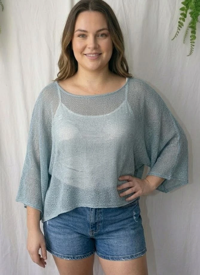 Lichte opengewerkte trui met asymmetrische en oversized pasvorm in ijsblauw – photo 4